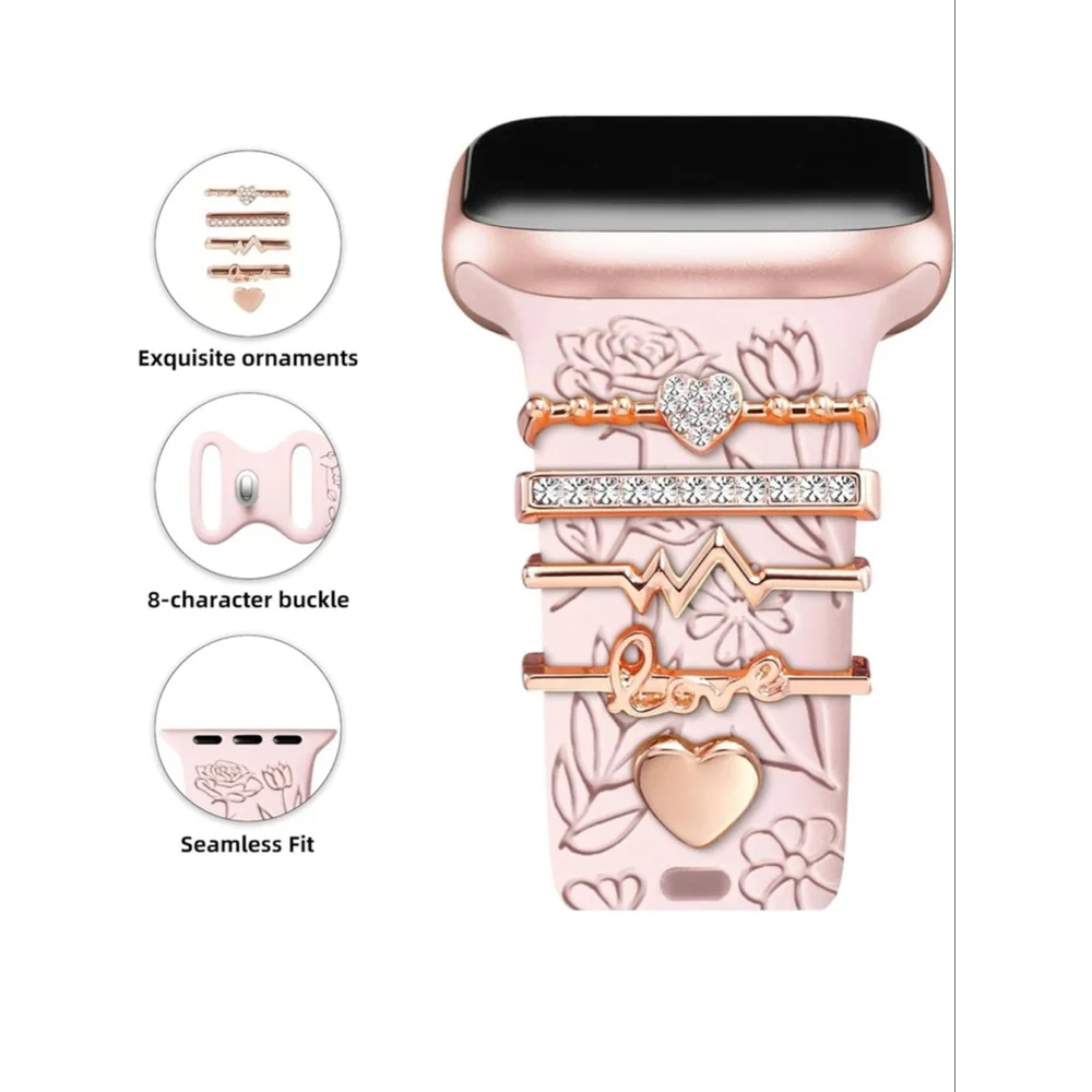 NEW Apple Smartwatch Band Pink Rose Gold Flower Charms Engraved Silicone